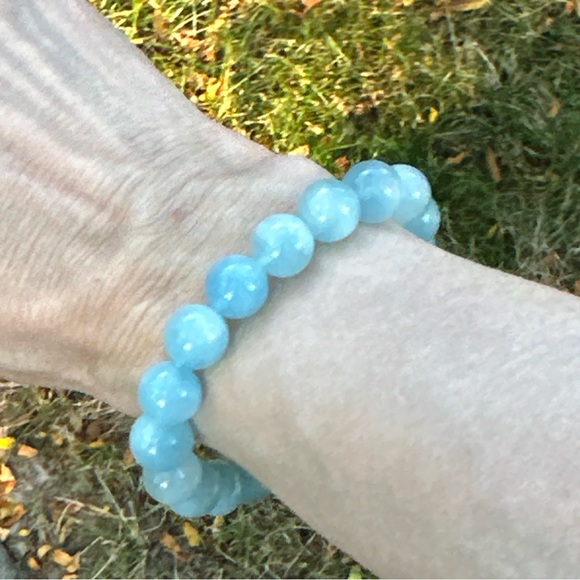 Aquamarine Stone Beads Stretchable Bracelet 10 mm Beads - Picture 7 of 17